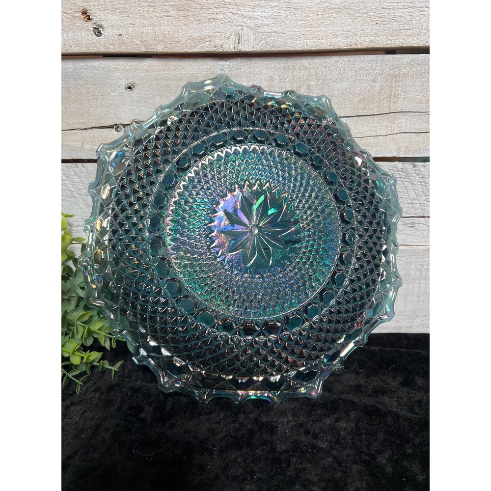 Carnival Glass Indiana Glass Diamond Point Iridescent Blue Dish